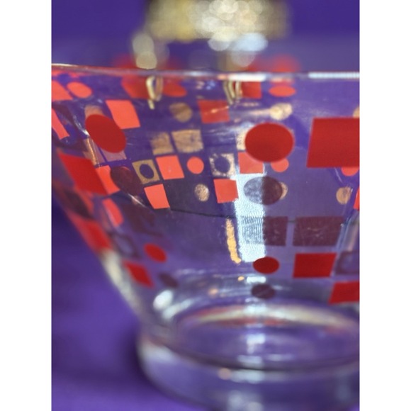 MCM Vtg Anchor Hocking 2 Tier Chip and Dip Bowl Set Geometric Red Gold - Picture 6 of 8